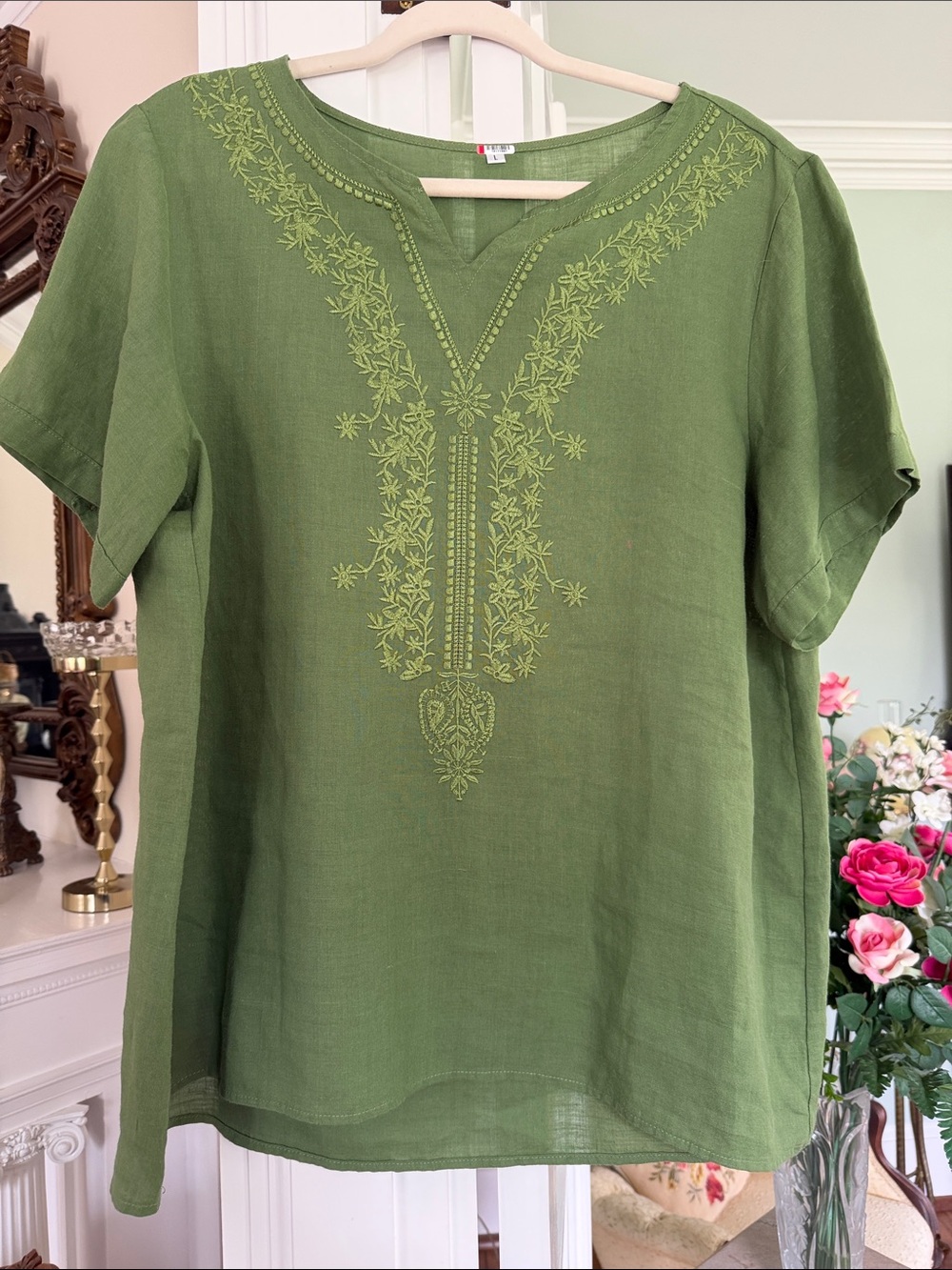Embroidered V-Neck Linen Top - Olive Green, size Large